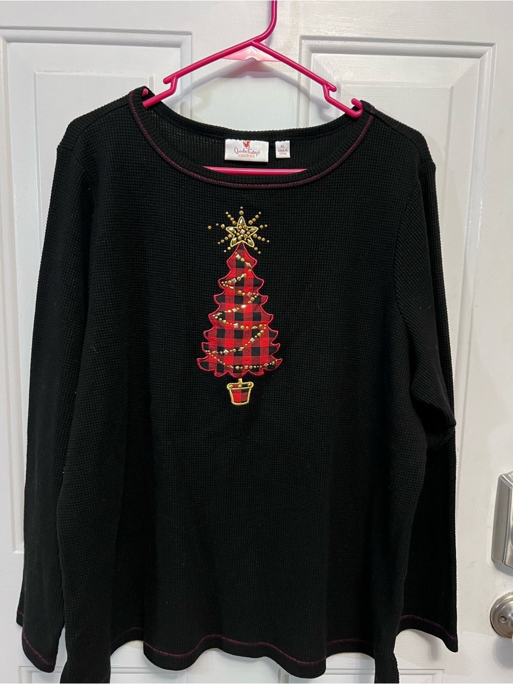 Quacker Factory XL Black Christmas Tree Sweater Buffalo Plaid Beaded Embellished